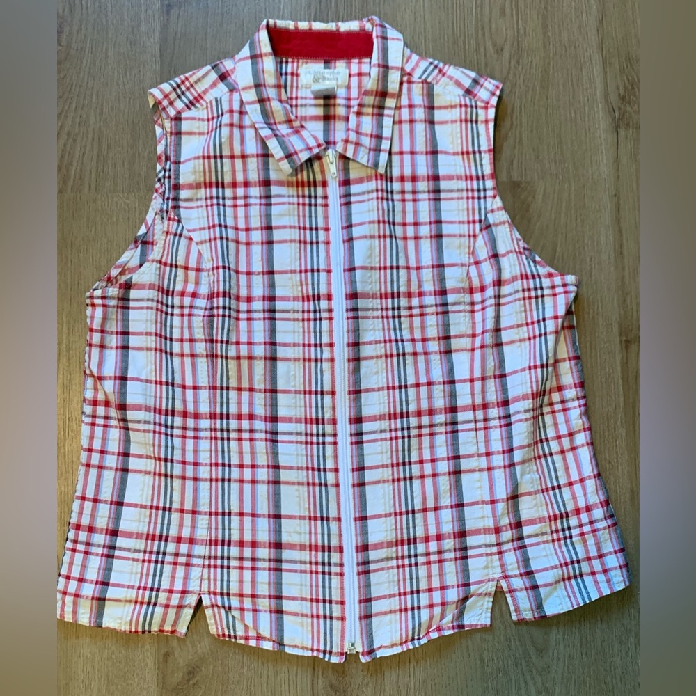 Vintage red checkered plaid zip up collared vest Christopher & Banks fits med LG